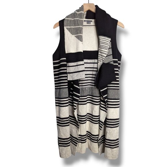 VINCE Womens Cashmere Wool Open Front Vest Black Cream Drape Cardigan Medium - Picture 1 of 7